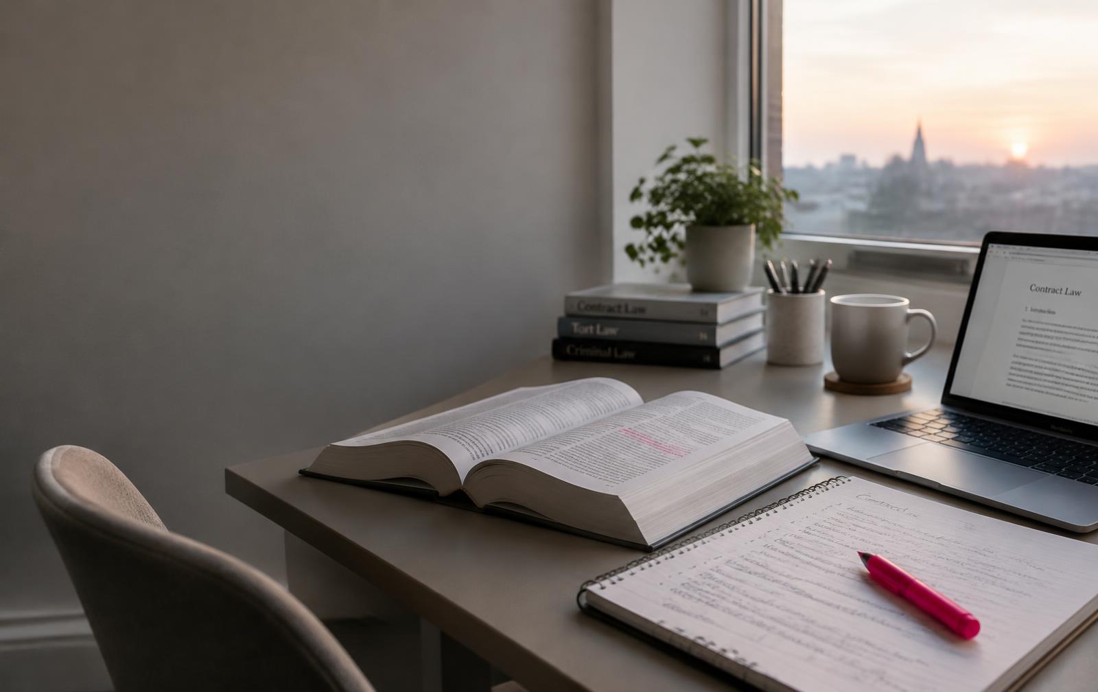 A calm study desk with an open law textbook and notes